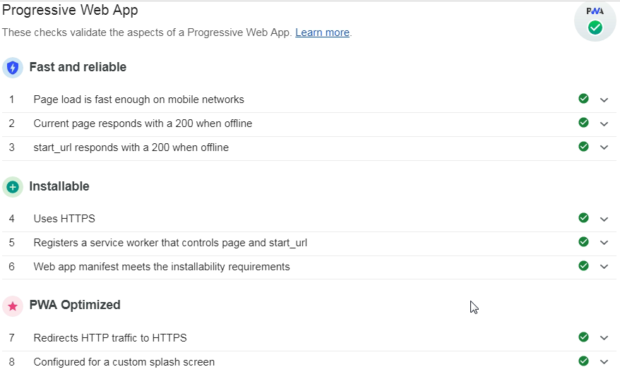 Lighthouse audits PWA